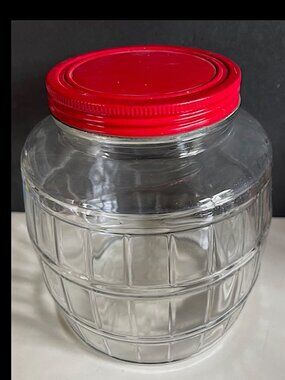 Vintage Clear Glass 1 Gallon Barrel Shaped Pickle Jar with RED Metal Lid